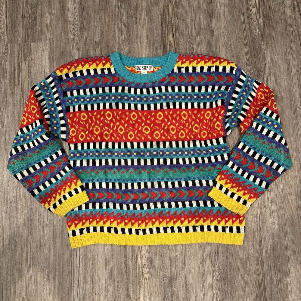 Vintage 90s Sweater One Step Up Geometric Kidcore Eclectic Sz S Grandpa Bright